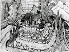 Gray House on Corner, Surrounded by Rock Garden, charcoal sketch